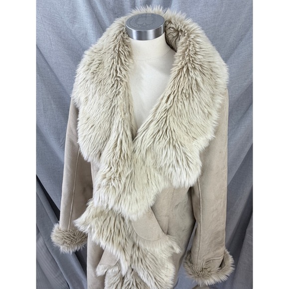 NWT Donna Salyers Fabulous Furs Sand Faux Suede Fur Trim Draped Coat XL NEW - Picture 2 of 13